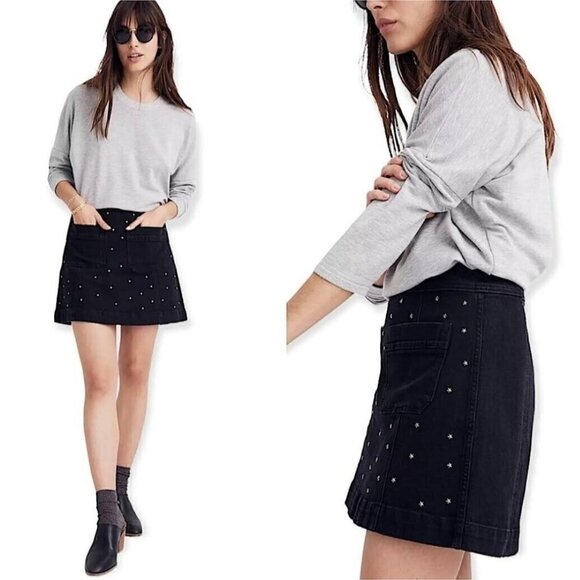 Madewell Dresses & Skirts - Madewell Stretch Denim A-Line Mini Skirt Star Stud Edition Black Women's Size 0